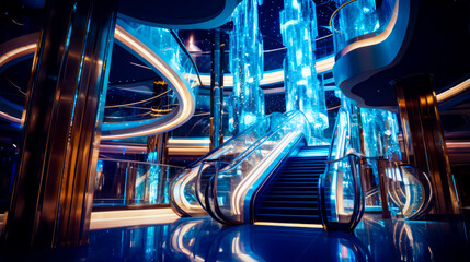 Escalator in futuristic building with blue lights and set of stairs.