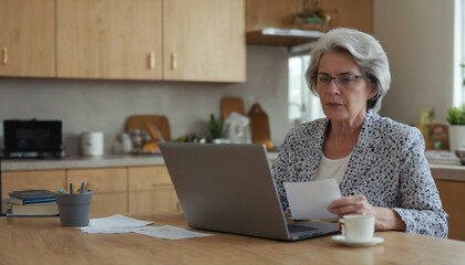 Poster - Pension payment planning - pensive older woman with laptop and document, reading bill, paying online at home, managing bank finances, calculating taxes, loan debt