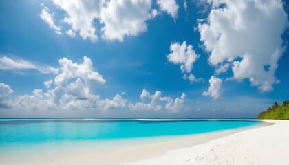 Wall Mural - Sandy beach featuring white sand and rolling calm wave of turquoise ocean on sunny day, white clouds in blue sky background