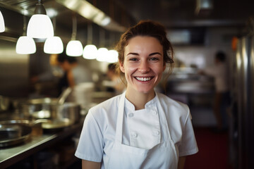 Smiling female chef in her restaurant, women owned business concept