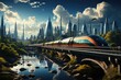 A technological urban landscape with a high-speed train crossing a bridge