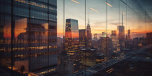 A Skyscraper Office Building At Sunset, Reflective Glass Facade, Bustling City Background, Golden - Hour Lighting