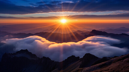 Canvas Print - sunrise, above the clouds from a mountain peak, sun creating a halo effect