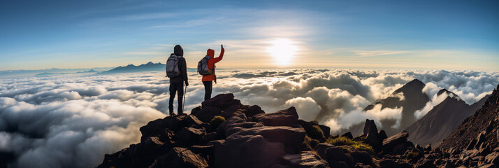 Canvas Print - hikers reaching the peak of mount kilimanjaro, breathtaking view of the clouds and horizon in the di