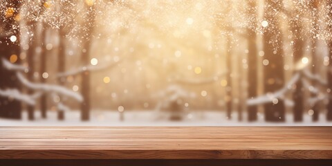 empty wooden table on white blurred window with snowy christmas trees forest outside background, emp