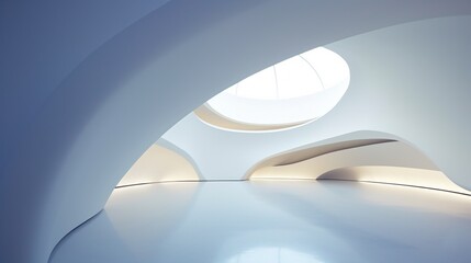 Futuristic empty museum displaying room with bright light cast the shadow on skylight, streamline white interior facade, abstract geometric design background.