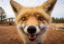 Close Up Portrait Of A Red Fox. Detailed Image Of The Muzzle. A Wild Animal Is Looking At Something. Illustration With Distorted Fisheye Effect. Cover Design, Postcards.