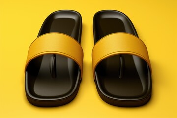 Poster - A pair of black and yellow sandals on a yellow background. AI.