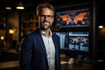 Poster - Male Monitoring Specialist Holding Laptop Computer And Standing Next To Big Digital Screen With Graphs And Charts