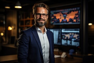 Poster - Male Monitoring Specialist Holding Laptop Computer And Standing Next To Big Digital Screen With Graphs And Charts