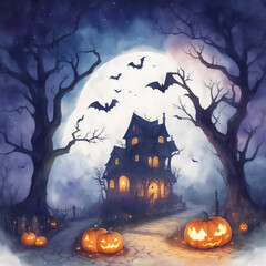 Wall Mural - Halloween background with pumpkins and haunted horror house background with Evil Pumpkin. Spooky scary dark Night forest. Holiday event Halloween banner background concept