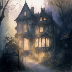 Fototapete - Happy Halloween banner or party horror hoise background with fog clouds and pumpkins ghost