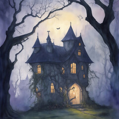 Fototapete - Happy Halloween banner or party horror hoise background with fog clouds and pumpkins ghost