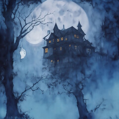 Fototapete - Happy Halloween banner or party horror hoise background with fog clouds and pumpkins ghost