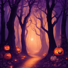 Fototapete - illustration of a Halloween concept background of realistic horror and creepy street with purple moonlight