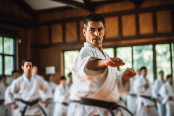 A karate asian martial arts training in a dojo hall. sensei teacher master man wearing white kimono and black belt fighting learning, exercising. students watching in the background