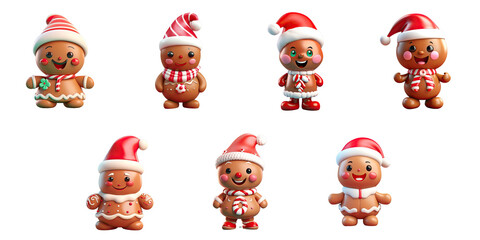 Sticker - Png Set 3D character wearing a red Santa hat happy gingerbread amusing Christmas decoration sugary candy winter boy with frosting amusing addition on a transparent background