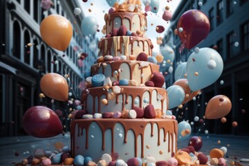 Poster - A big skyscraper size birthday cake with balloons flying everywhere.