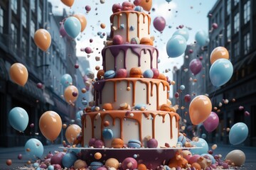 Poster - A big skyscraper size birthday cake with balloons flying everywhere.