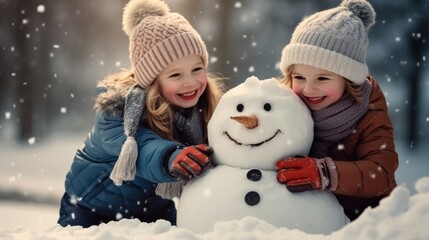 Wall Mural - Children build snowman in falling snow at a forest clearing.