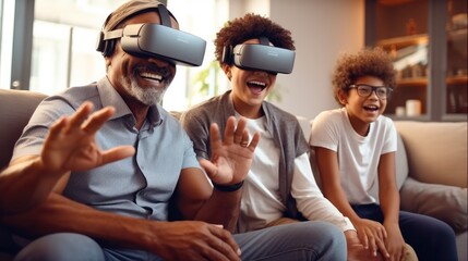 Poster - Grandfather wearing VR headset as Multi-Generation male family in living room at home together.