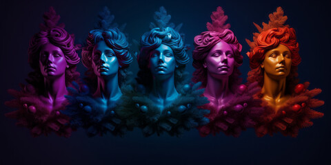 Five female busts of different colors decorated with Christmas tree branches and ornaments against dark blue wall. Vaporwave, bold and  vibrant colors, neon lights.