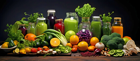 Wall Mural - Panorama of vegetables, fruits, juices , seed and nuts.AI generated.