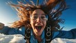 Happy girl parachutist on free fall blue sky.