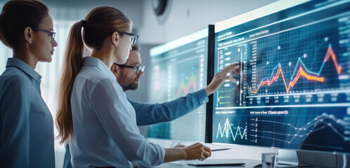 Poster - Male And Female Data Scientists With Big Digital Screen With Graphs And Charts In Monitoring Office.