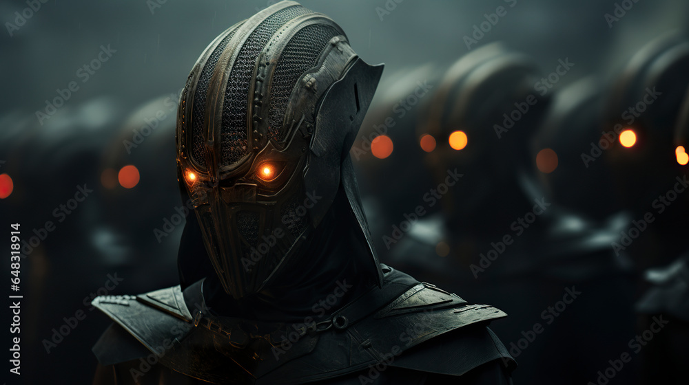 Abstract illustration of an army of alien soldiers wearing dark uniforms in a foggy setting. Orange-eyed alien soldiers ready for the challenge in black costumes.
