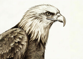 Wall Mural - Hand Drawn Portrait of a Bald Eagle on a White Background, American Eagle Art