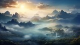 Fototapeta  - A mist-covered valley at the break of dawn, with towering mountains in the background, creating an ethereal atmosphere