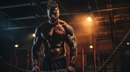 Weightlifter rope with fighting ropes are working out in the gym. The concept of CrossFit.