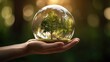A hand is holding a sphere, symbolizing the concept of ecology and environmental conservation