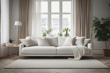 cozy white sofa against window scandinavian style home interior design of modern living room