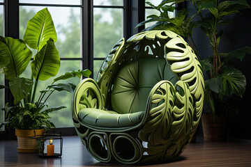 Sticker - Green monstera inspired egg chair and many plants near window  in room