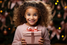 Brazilian Girl Is Happy With Christmas Gift Box Near Pink Christmas Tree