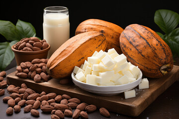 Poster - Cocoa fruits, cocoa butter and grains on the table