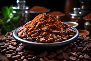 Poster - Cocoa powder and cocoa grains in a plate