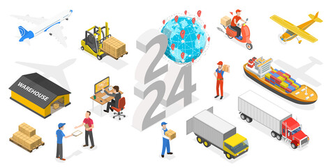 3D Isometric Flat  Conceptual Illustration of New Year 2024 And Transport Logistics, Inventory Management And Cargo Delivery