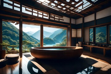 Wall Mural - Create an AI-rendered spa interior with a traditional Japanese  tub (ofuro) and a view of a serene Japanese landscape. 