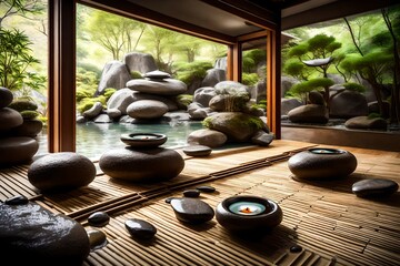 Wall Mural - a spa interior with a Japanese rock garden and soothing sounds of flowing water for relaxation. 