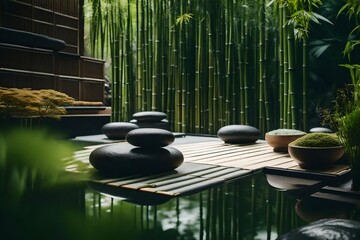 Wall Mural - Generate an AI visualization of a Zen-inspired spa with a minimalist Japanese garden and bamboo accents.