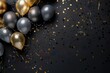 Golden and silver gray metallic balloons and confetti on dark background. Birthday, holiday or party background. Empty space for text. Festive greeting card | Generative AI