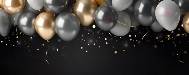 Wall Mural - Golden and silver gray metallic balloons and confetti on dark background. Birthday, holiday or party background. Empty space for text. Festive greeting card | Generative AI