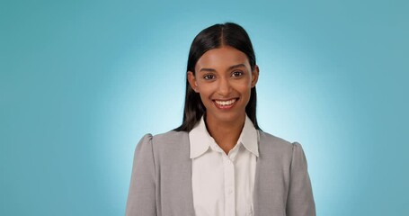 Wall Mural - Business woman, wave and hello portrait in studio for presentation, video call and talking to audience. Face of a indian person, presenter or speaker with a hand gesture, greeting and blue background