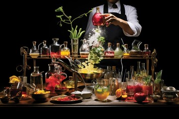 Barman in black apron making cocktail with fruits and vegetables on bar counter, professional bartender, cocktail pub