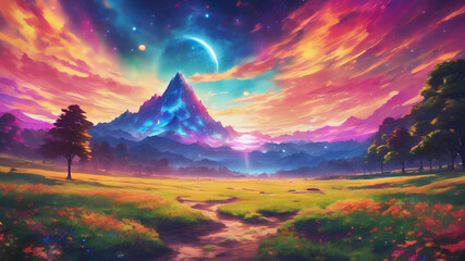 Wall Mural - Cosmic Mountain Dusk - Sunset Landscape in a Beautiful Universe with Glowing Skies and Ethereal Light