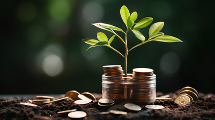 Coins and money growing plant for finance and banking, saving money or interest increasing concept