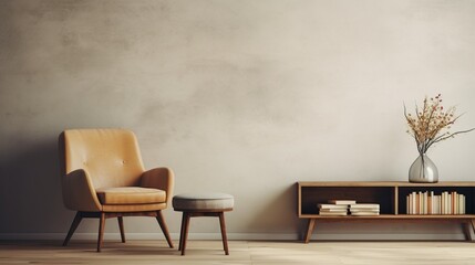 Poster - Generative AI : Stylish scandinavian composition of living room with design armchair, black mock up poster frame, commode, wooden stool, book, decoration, loft wall and personal accessories in modern 